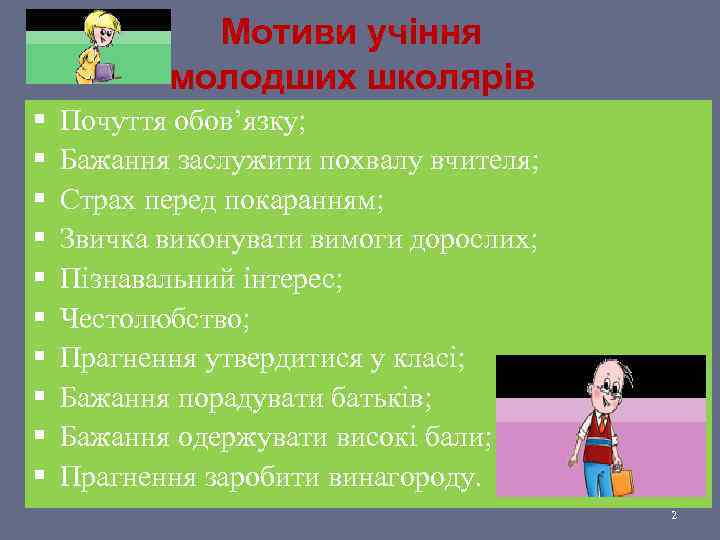 Мотиви учіння молодших школярів § § § § § Почуття обов’язку; Бажання заслужити похвалу