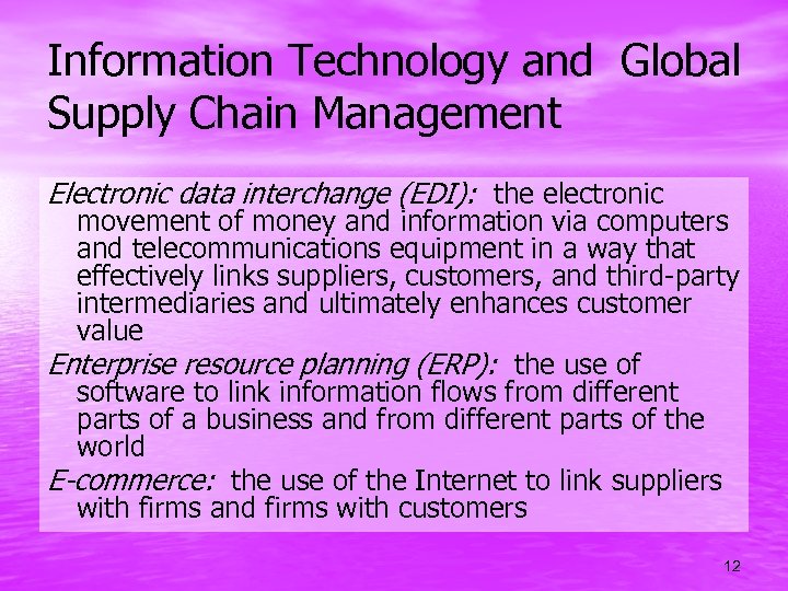 Information Technology and Global Supply Chain Management Electronic data interchange (EDI): the electronic movement