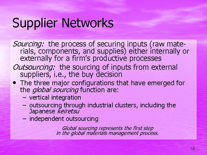 Supplier Networks Sourcing: the process of securing inputs (raw mate- rials, components, and supplies)