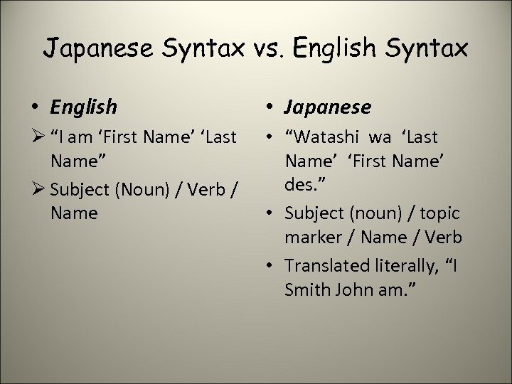 Japanese Syntax vs. English Syntax • English • Japanese Ø “I am ‘First Name’