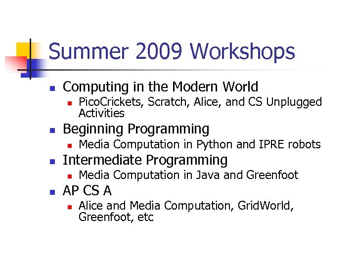 Summer 2009 Workshops n Computing in the Modern World n n Beginning Programming n