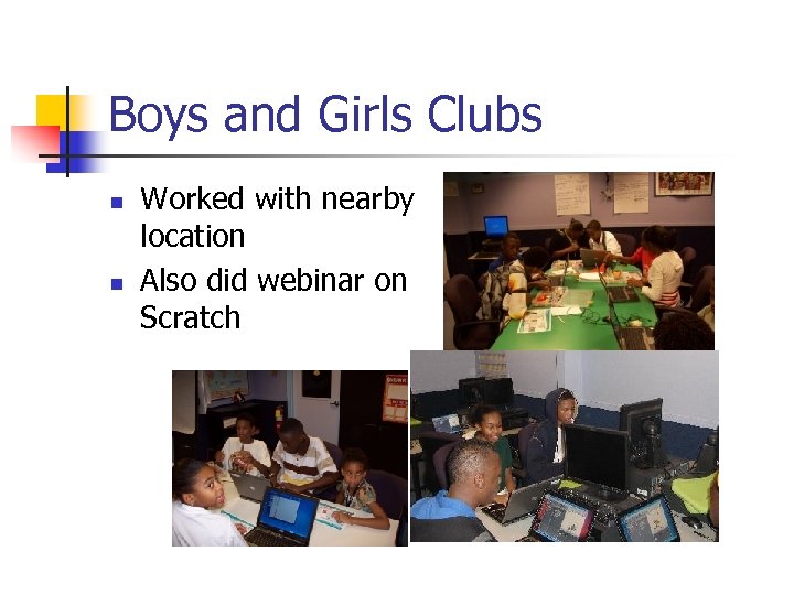 Boys and Girls Clubs n n Worked with nearby location Also did webinar on