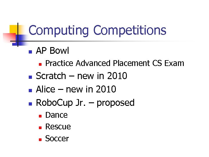Computing Competitions n AP Bowl n n Practice Advanced Placement CS Exam Scratch –