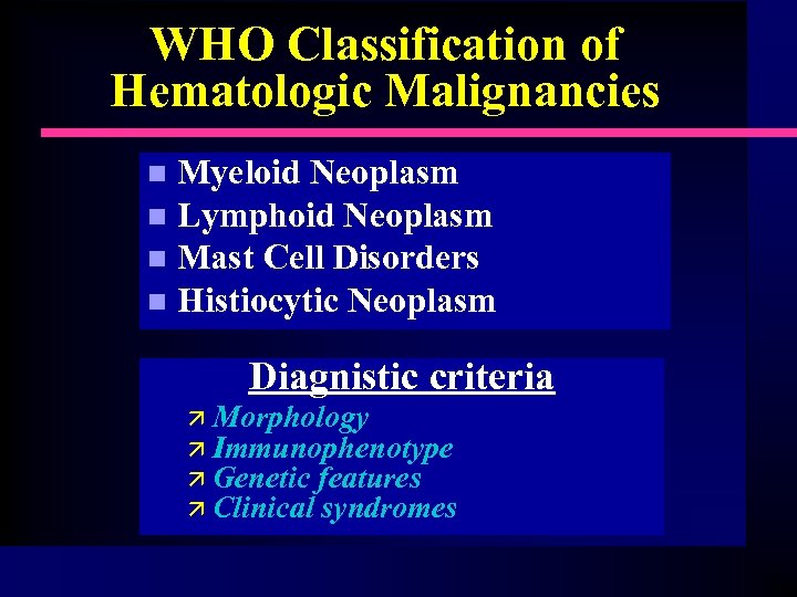 WHO Classification of Hematologic Malignancies Myeloid Neoplasm n Lymphoid Neoplasm n Mast Cell Disorders