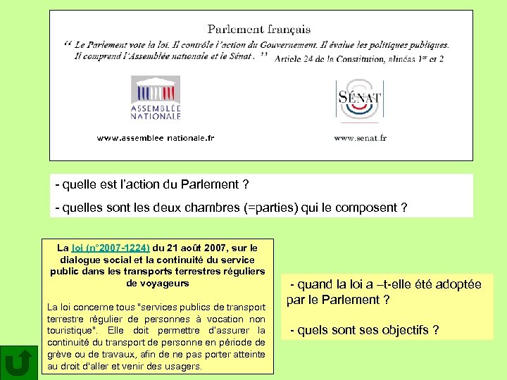- quelle est l’action du Parlement ? - quelles sont les deux chambres (=parties)