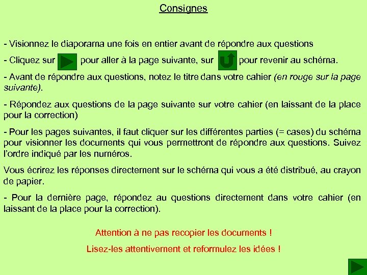 Consignes - Visionnez le diaporama une fois en entier avant de répondre aux questions
