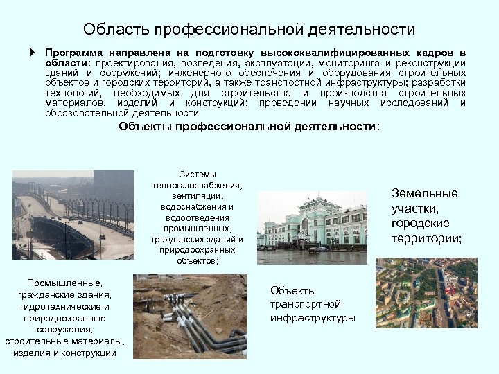 Область профессиональной деятельности Программа направлена на подготовку высококвалифицированных кадров в области: проектирования, возведения, эксплуатации,