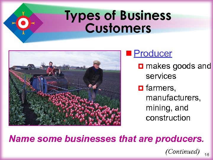 Types of Business Customers ¾ Producer ¤ makes goods and services ¤ farmers, manufacturers,