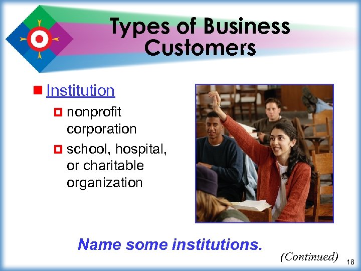 Types of Business Customers ¾ Institution ¤ nonprofit corporation ¤ school, hospital, or charitable