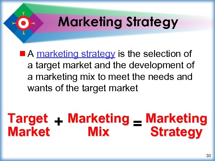 Marketing Strategy ¾ A marketing strategy is the selection of a target market and