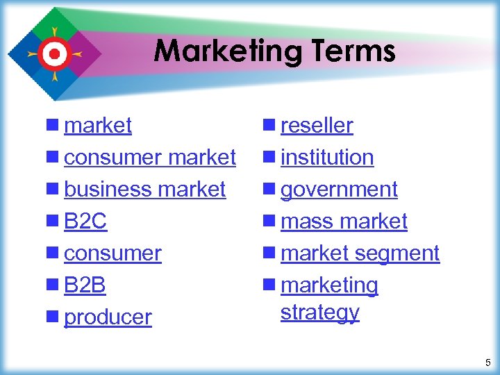 Marketing Terms ¾ market ¾ consumer market ¾ business market ¾ B 2 C