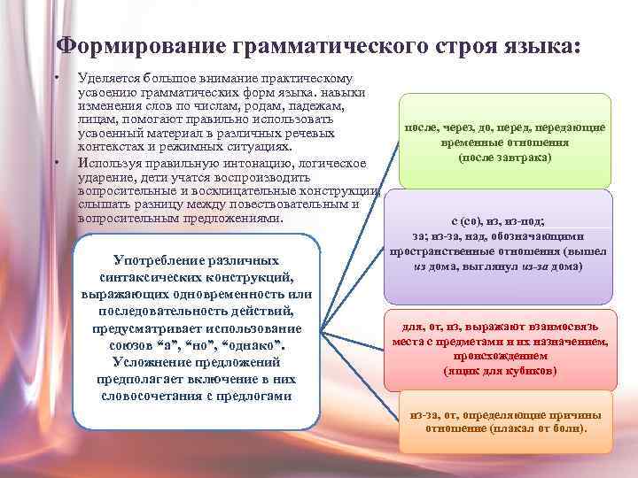 Формирование грамматического строя языка: • • Уделяется большое внимание практическому усвоению грамматических форм языка.
