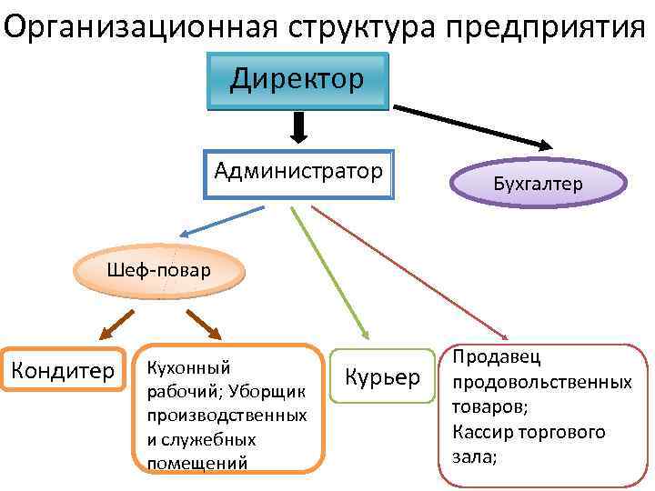Организационная структура предприятия Директор Администратор Бухгалтер Шеф-повар Кондитер Кухонный рабочий; Уборщик производственных и служебных
