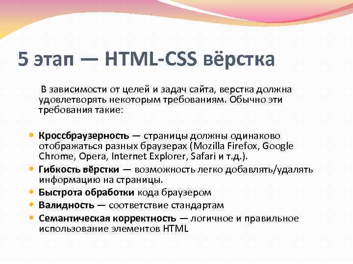 5 этап — HTML-CSS вёрстка В зависимости от целей и задач сайта, верстка должна