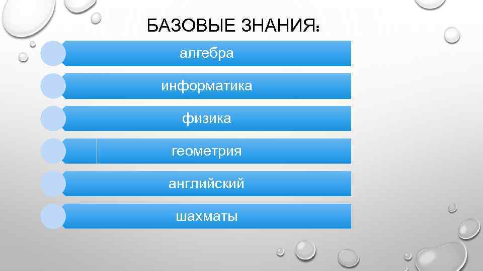 БАЗОВЫЕ ЗНАНИЯ: алгебра информатика физика геометрия английский шахматы 