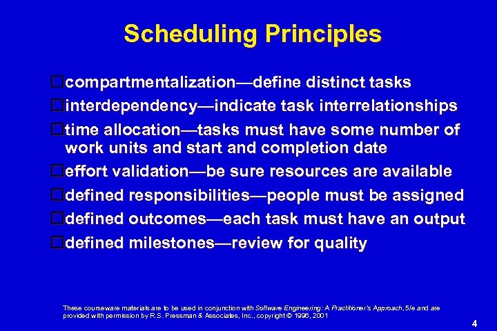 Scheduling Principles compartmentalization—define distinct tasks interdependency—indicate task interrelationships time allocation—tasks must have some number