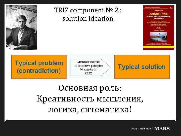 TRIZ component № 2 : solution ideation Основная роль: Креативность мышления, логика, ситематика! 
