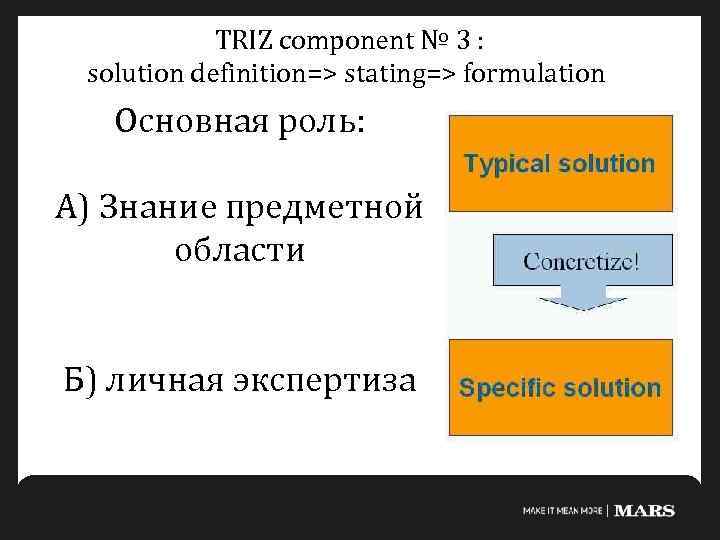 TRIZ component № 3 : solution definition=> stating=> formulation Основная роль: А) Знание предметной