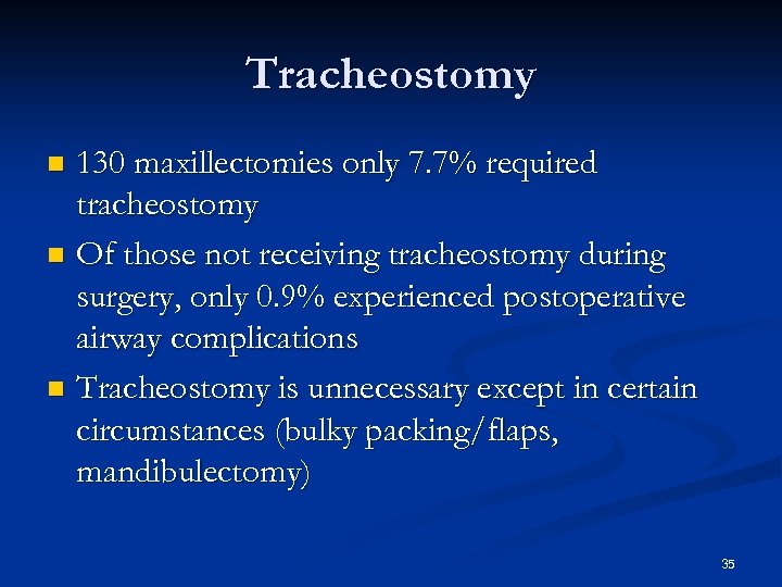 Tracheostomy 130 maxillectomies only 7. 7% required tracheostomy n Of those not receiving tracheostomy