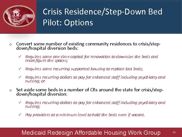 Crisis Residence/Step-Down Bed Pilot: Options o Convert some number of existing community residences to