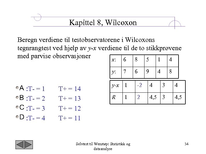 Kapittel 8, Wilcoxon Beregn verdiene til testobservatorene i Wilcoxons tegnrangtest ved hjelp av y-x