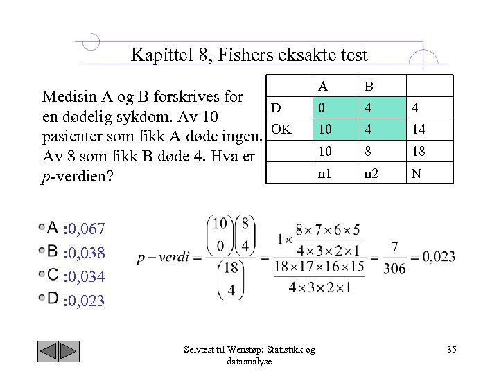 Kapittel 8, Fishers eksakte test Medisin A og B forskrives for D en dødelig