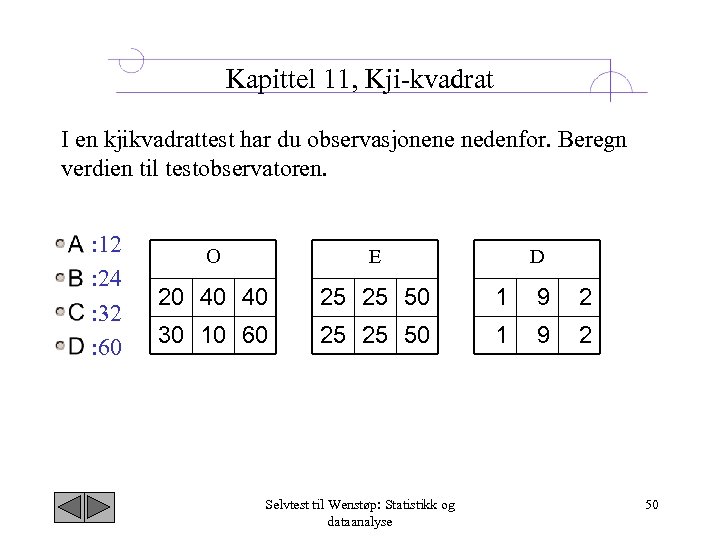Kapittel 11, Kji kvadrat I en kjikvadrattest har du observasjonene nedenfor. Beregn verdien til