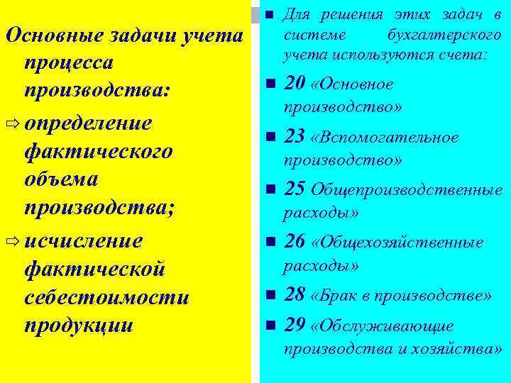 Основные задачи учета процесса производства: ð определение фактического объема производства; ð исчисление фактической себестоимости