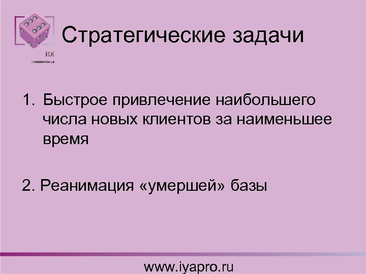 Стратегические задачи 1. Быстрое привлечение наибольшего числа новых клиентов за наименьшее время 2. Реанимация