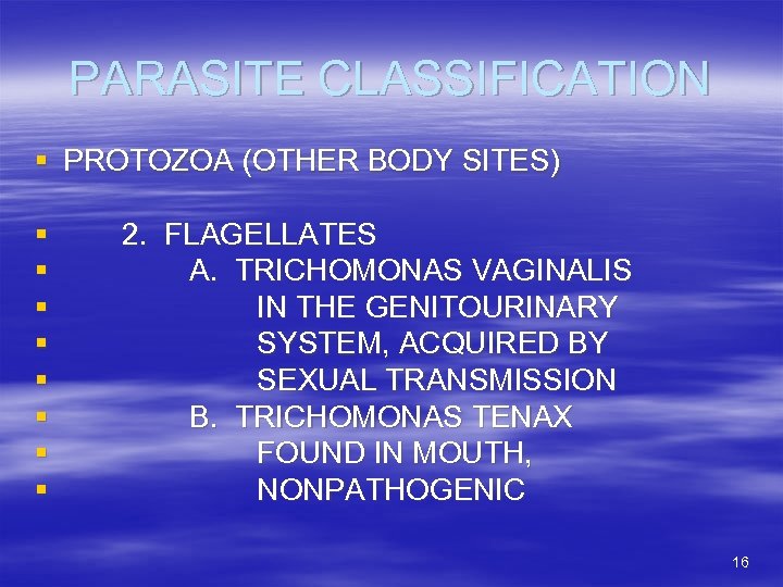 PARASITE CLASSIFICATION § PROTOZOA (OTHER BODY SITES) § § § § 2. FLAGELLATES A.