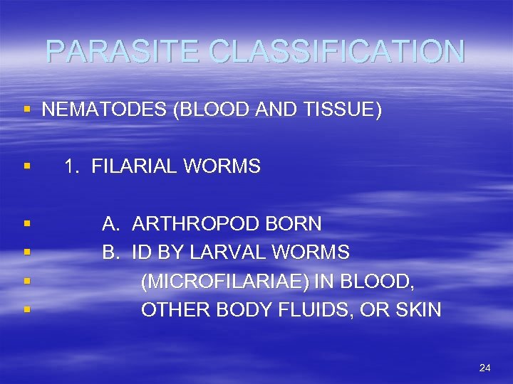 PARASITE CLASSIFICATION § NEMATODES (BLOOD AND TISSUE) § § § 1. FILARIAL WORMS A.
