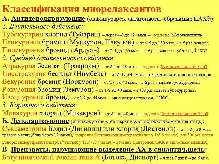 Классификация миорелаксантов А. Антидеполяризующие ( «пахикураре» , антагонисты–обратимые ИАХЭ): 1. Длительного действия: Тубокурарин хлорид
