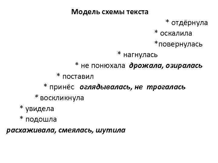 Модель схемы текста * отдёрнула * оскалила *повернулась * нагнулась * не понюхала дрожала,