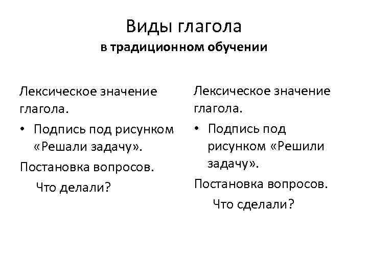 Виды глагола в традиционном обучении Лексическое значение глагола. • Подпись под рисунком «Решали задачу»