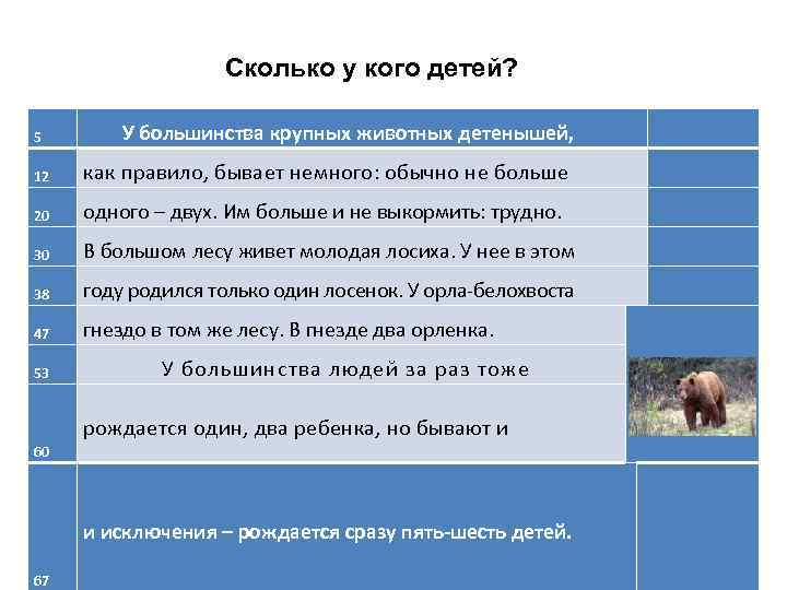 Сколько у кого детей? 5 У большинства крупных животных детенышей, 12 как правило, бывает