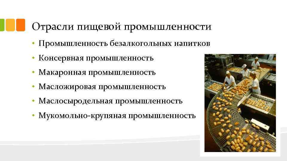 Отрасли пищевой промышленности • Промышленность безалкогольных напитков • Консервная промышленность • Макаронная промышленность •