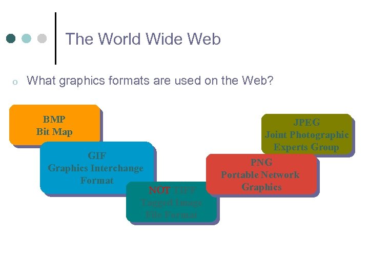 The World Wide Web o What graphics formats are used on the Web? BMP