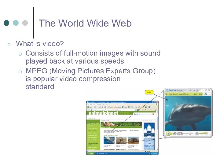 The World Wide Web o What is video? o Consists of full-motion images with