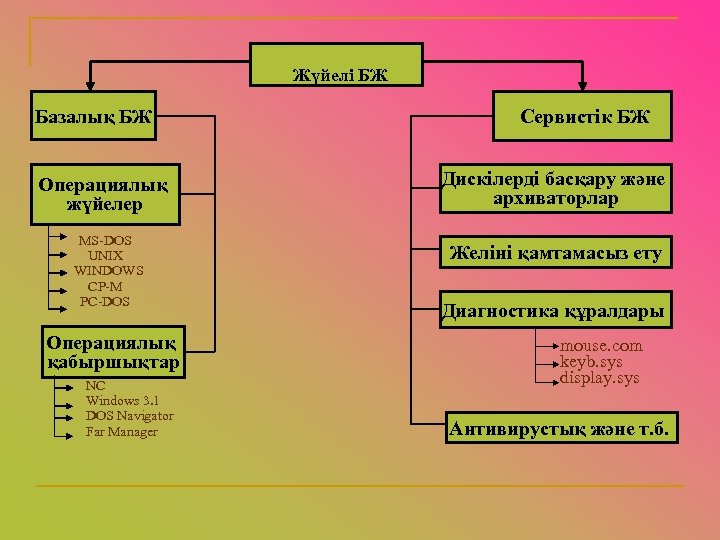 Жүйелі БЖ Базалық БЖ Операциялық жүйелер MS-DOS UNIX WINDOWS CP-M PC-DOS Операциялық қабыршықтар NC