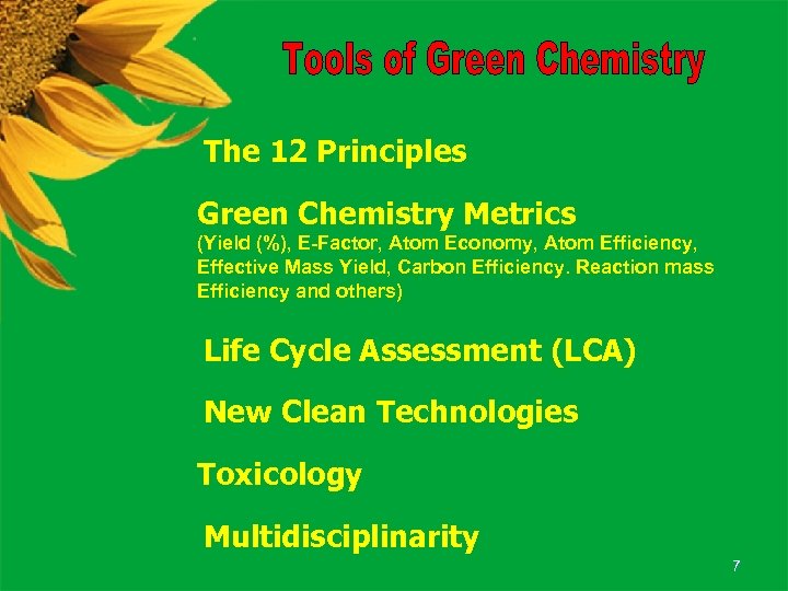 The 12 Principles Green Chemistry Metrics (Yield (%), E-Factor, Atom Economy, Atom Efficiency, Effective