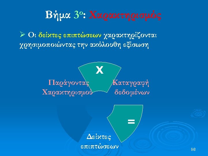 Βήμα 3ο: Χαρακτηρισμός Ø Οι δείκτες επιπτώσεων χαρακτηρίζονται χρησιμοποιώντας την ακόλουθη εξίσωση Χ Παράγοντας