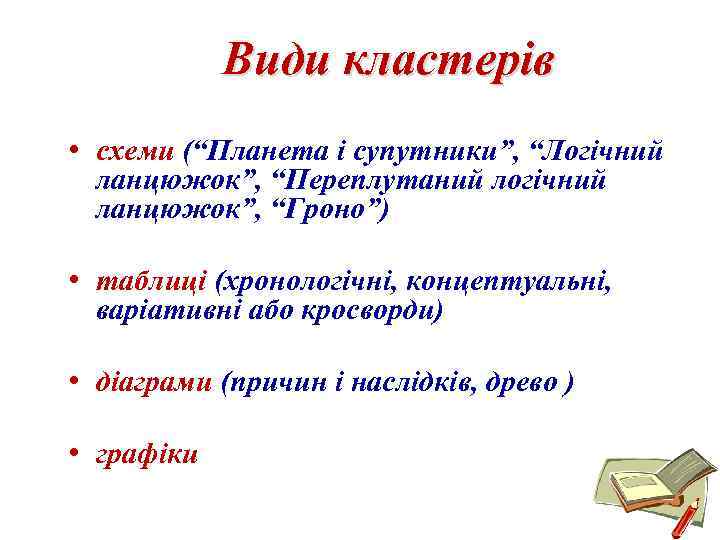 Види кластерів • схеми (“Планета і супутники”, “Логічний ланцюжок”, “Переплутаний логічний ланцюжок”, “Гроно”) •