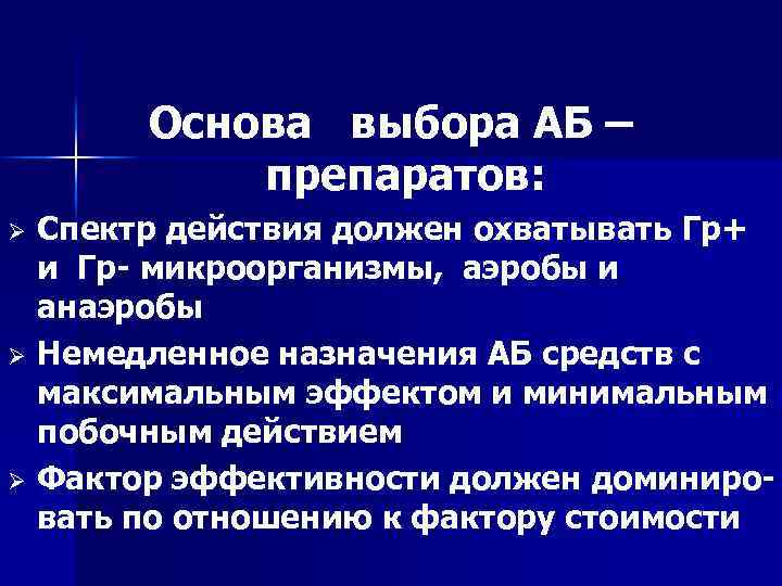 Основа выбора АБ – препаратов: Ø Ø Ø Спектр действия должен охватывать Гр+ и