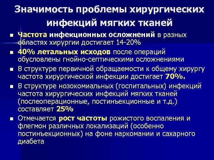 Значимость проблемы хирургических инфекций мягких тканей n n n Частота инфекционных осложнений в разных