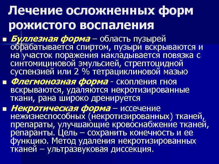 Лечение осложненных форм рожистого воспаления n n n Буллезная форма – область пузырей обрабатывается