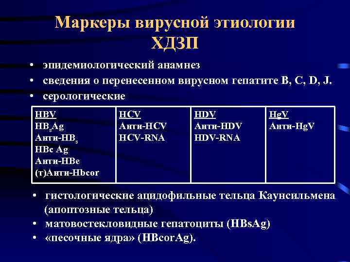 Маркеры вирусной этиологии ХДЗП • эпидемиологический анамнез • сведения о перенесенном вирусном гепатите В,