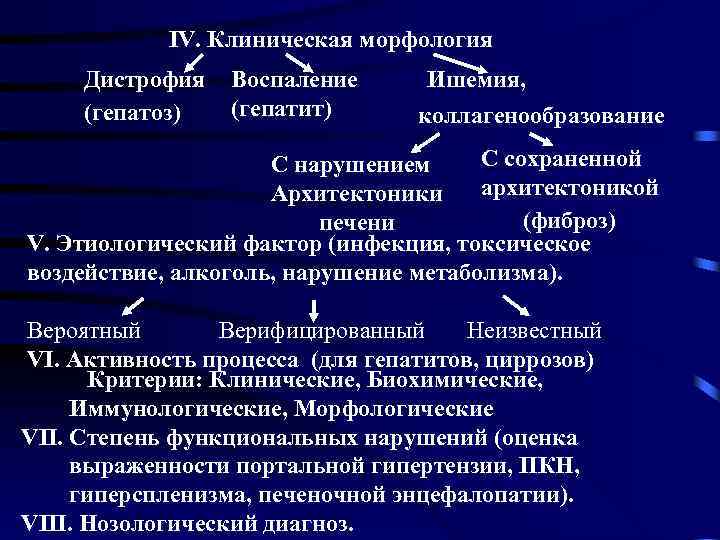 IV. Клиническая морфология Дистрофия Воспаление (гепатит) (гепатоз) Ишемия, коллагенообразование С сохраненной С нарушением Архитектоники