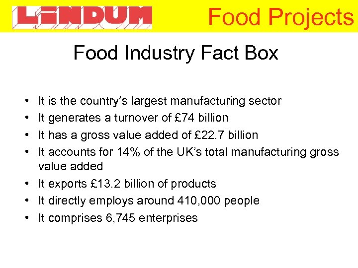 Food Projects Food Industry Fact Box • • It is the country’s largest manufacturing