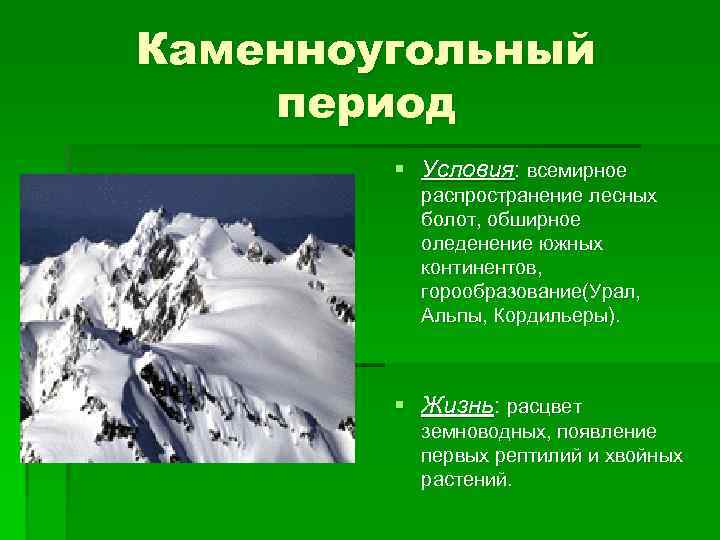 Каменноугольный период § Условия: всемирное распространение лесных болот, обширное оледенение южных континентов, горообразование(Урал, Альпы,