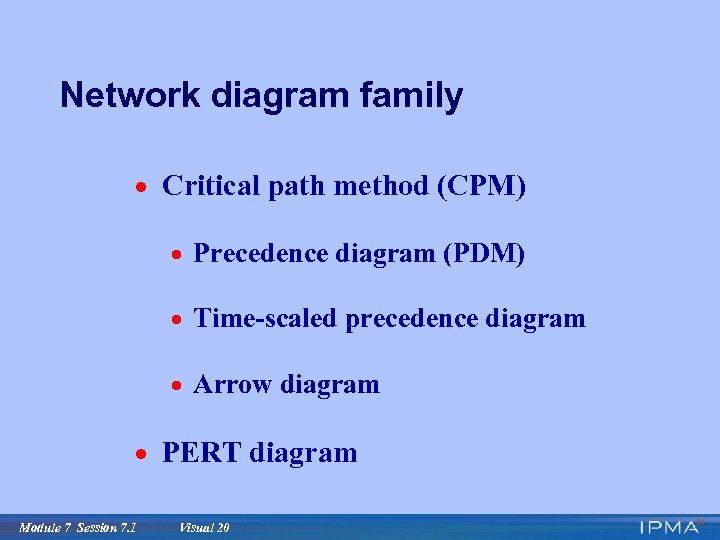 Network diagram family · Critical path method (CPM) · Precedence diagram (PDM) · Time-scaled